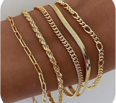 DEARMAY Gold Bracelets for Women Waterproof, 14K Real Gold Jewelry Sets for Women Trendy Thin Dainty Stackable Cuban Link Paperclip Chain Bracelet Pack Fashion Accessories Gifts for Womens