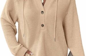 Dokotoo Womens Summer Waffle Knit Short Sleeve Tops Lightweight Drawstring Hoodies Button V Neck Casual Blouses Shirts