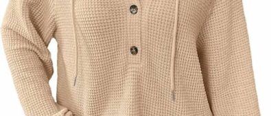 Dokotoo Womens Summer Waffle Knit Short Sleeve Tops Lightweight Drawstring Hoodies Button V Neck Casual Blouses Shirts
