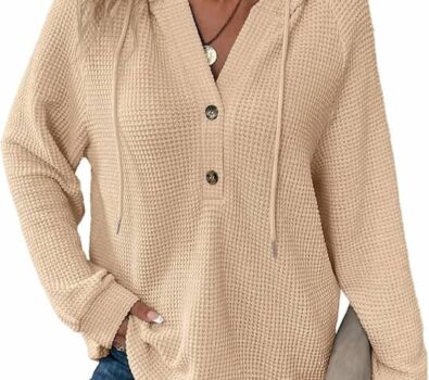Dokotoo Womens Summer Waffle Knit Short Sleeve Tops Lightweight Drawstring Hoodies Button V Neck Casual Blouses Shirts
