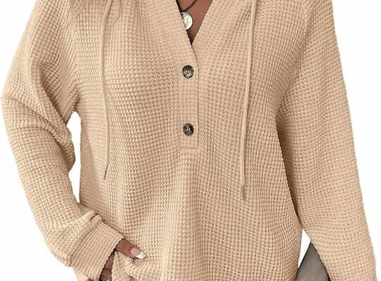 Dokotoo Womens Summer Waffle Knit Short Sleeve Tops Lightweight Drawstring Hoodies Button V Neck Casual Blouses Shirts
