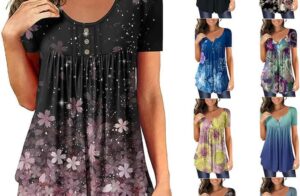 Womens Summer Tops Hide Belly Tunic Short Sleeve T Shirts Flowy Henley Tshirt Casual Dressy Blouses for Leggings