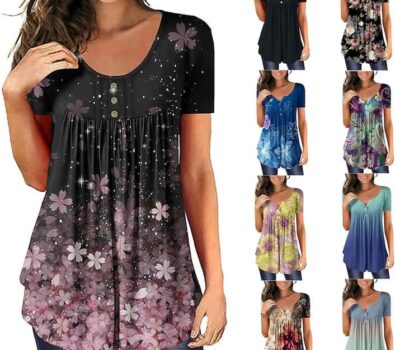 Womens Summer Tops Hide Belly Tunic Short Sleeve T Shirts Flowy Henley Tshirt Casual Dressy Blouses for Leggings
