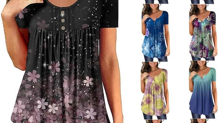 Womens Summer Tops Hide Belly Tunic Short Sleeve T Shirts Flowy Henley Tshirt Casual Dressy Blouses for Leggings