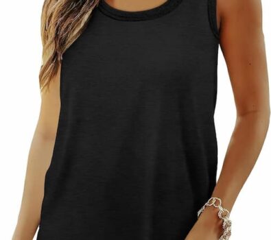 Saloogoe Womens Tank Tops Summer Loose Sleeveless Tops Ribbed Trim Scoop Neck Curved Hem 2024