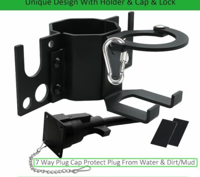 Trailer Towing Organizer 7 Way for Manual/Electric 2″ & 21/4″ Trailer Hitch, Heavy Duty Metal Chain Holder with 7 Way Plug Cover, Silicone Pad for Tongue Jack Protection, Sturdy, Anti-Rust
